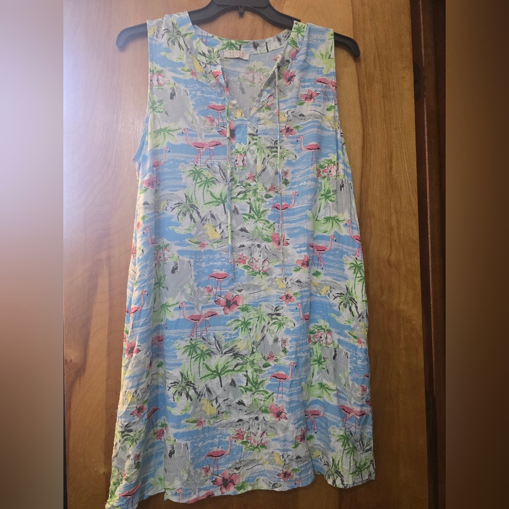 Women's Blue Tropical Print Sundress with Pink Flamingos